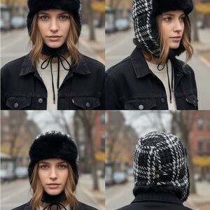 Chic Black and White Women's Knit Hat faux fur